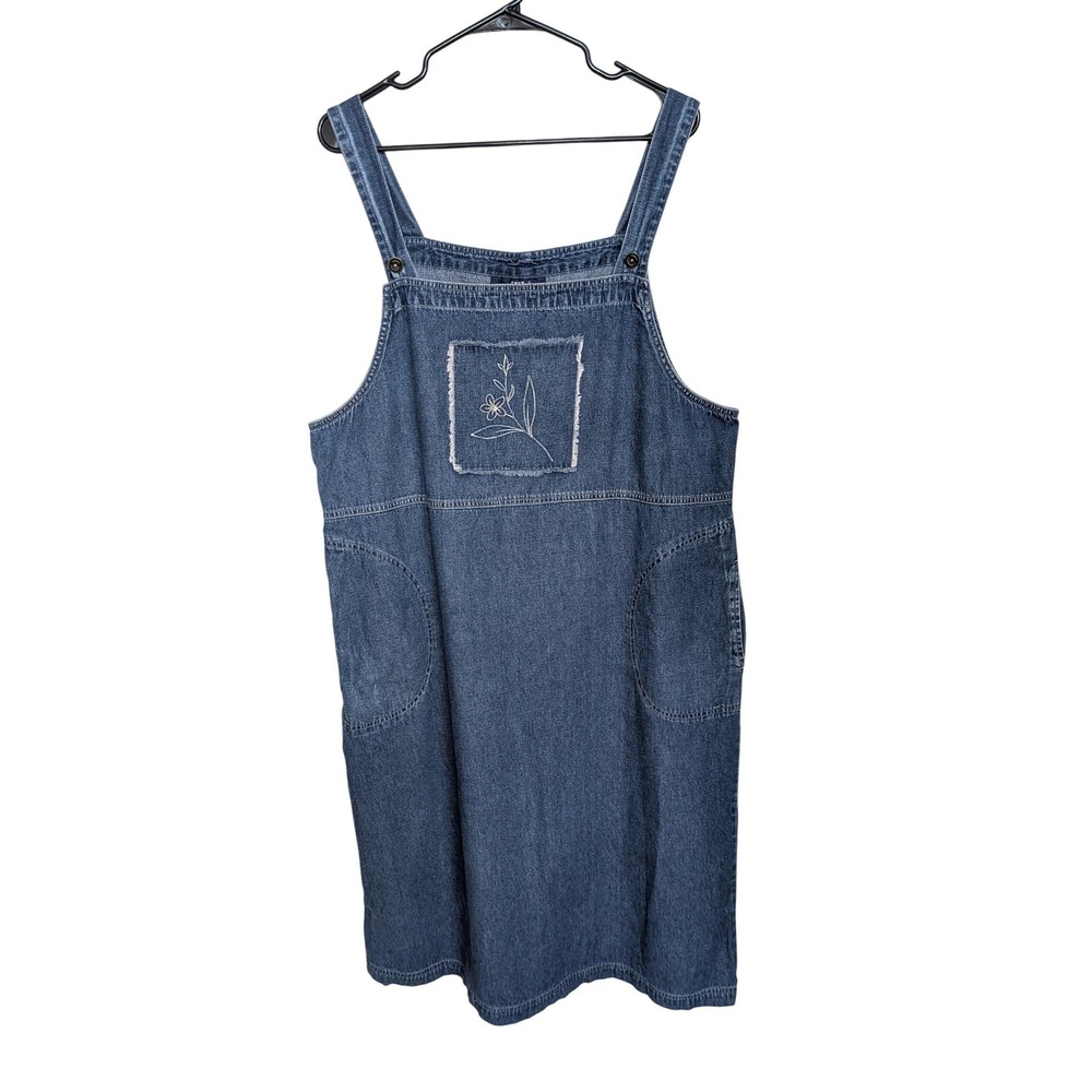 Original TY Wear Vintage Denim Pinafore Dress Floral Embroidered Jumper Plus 18W